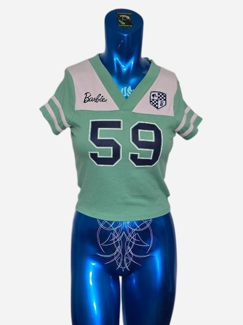 Barbie Green and Pink Cropped V-Neck Football Tee